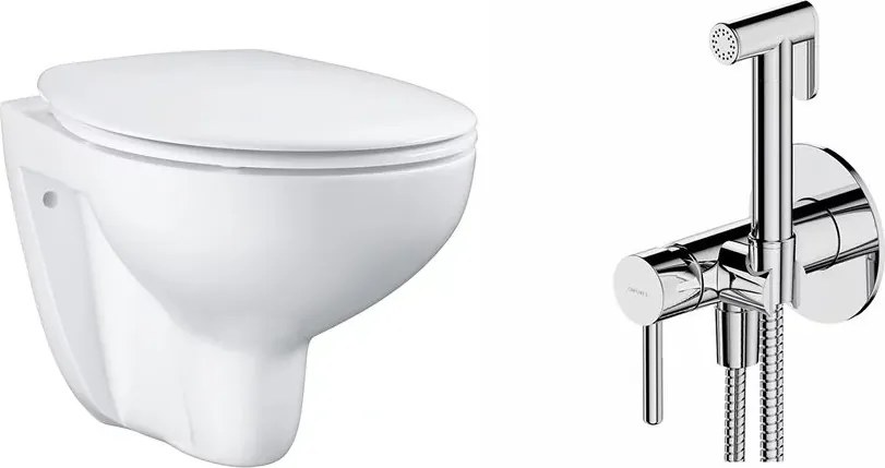 Pachet vas wc suspendat Grohe Bau Ceramic, capac softclose si set dus igiena intima crom cu baterie incastrata Omnires Y