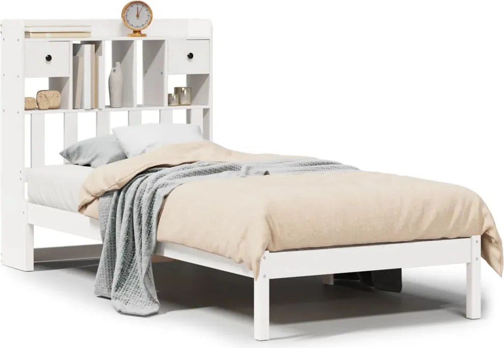 vidaXL Pat cu bibliotecă fără saltea, alb, 90x190 cm, lemn masiv pin