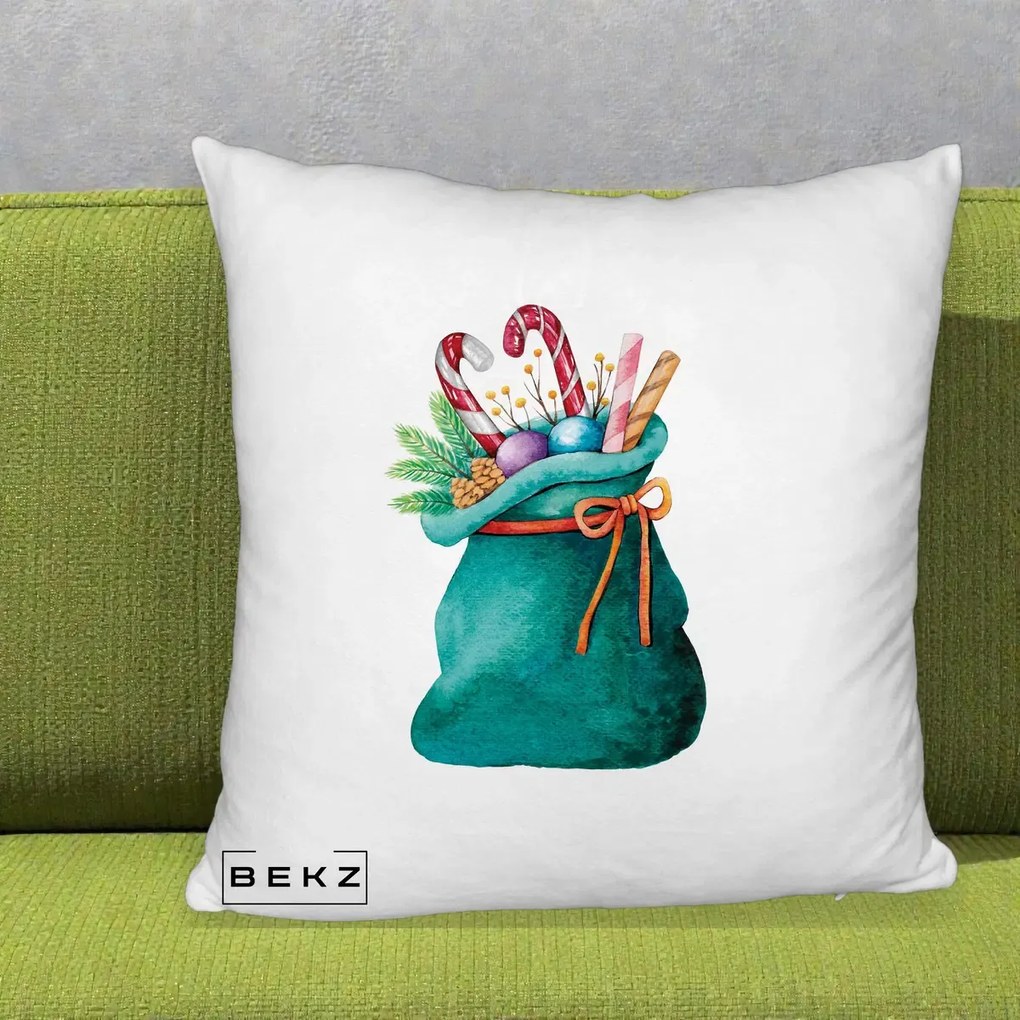 Perna Decorativa Saculet Cadouri Mos Craciun Acuarela Verde, 40x40 cm, Alb Pufos, Husa Detasabila, Perna Inclusa, BEKZ®