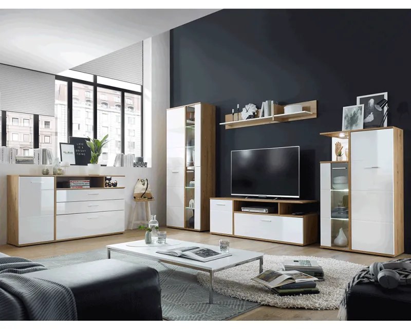 Mobila Living REVEL Alb Lucios/Stejar Artisan