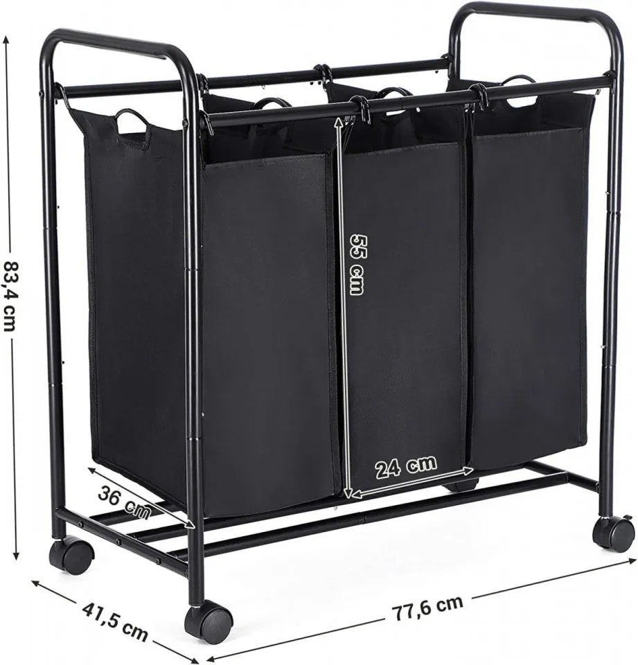 Cos de rufe cu 3 compartimente, 77.6 x 41.5 x 83.4 cm, metal / poliester, negru, Songmics