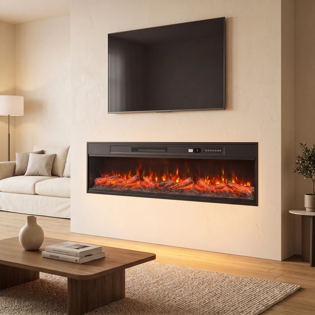 HOMCOM Șemineu electric de podea/încorporabil, pe 3 laturi, cu telecomandă, 750/1500 W, efect flacără 3D, 12 culori, 5 niveluri de luminozitate | Aosom Romania