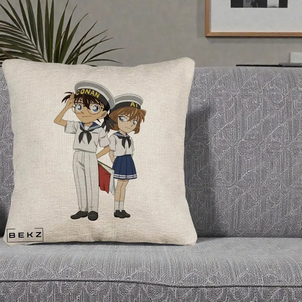 Perna Personalizata Detective Conan Conan si Ai Sailor, 40x40 cm, Bej Canapea, Husa Detasabila, Perna Inclusa, BEKZ®