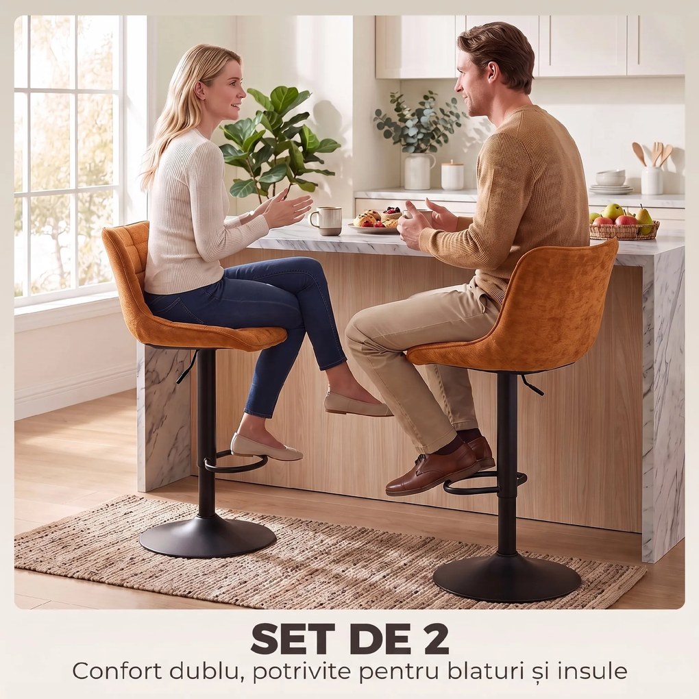 HOMCOM Set de 2 Scaune de Bar, Bază din Metal, Maro-Portocaliu | Aosom Romania