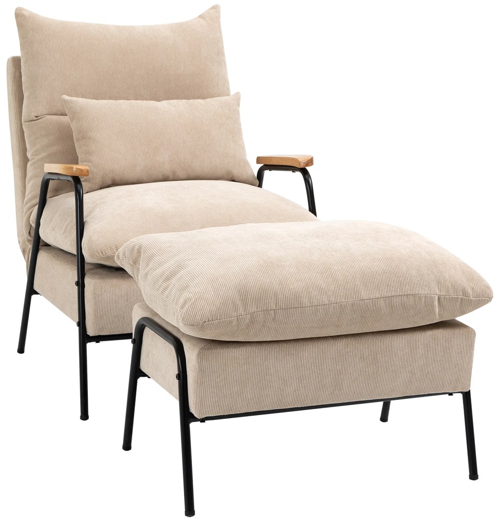 HOMCOM Fotoliu tapitat cu taburet, fotoliu de relaxare cu funcție de culcat, scaun tapitat, perne, fotoliu TV, 68 x 91,5 x 88 cm, Bej | Aosom Romania