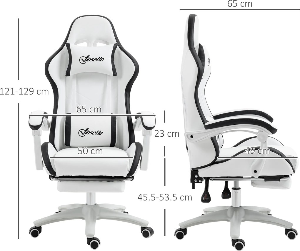 Vinsetto Scaun Gaming Reglabil pe Înălțime, Rabatabil și cu Suport pentru Picioare, Alb | Aosom Romania
