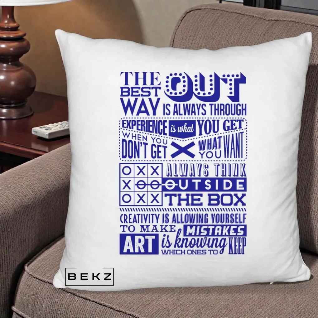 Perna Decorativa Citate Creativitate Albastru, 40x40 cm, Alb Pufos, Husa Detasabila, Perna Inclusa, BEKZ®