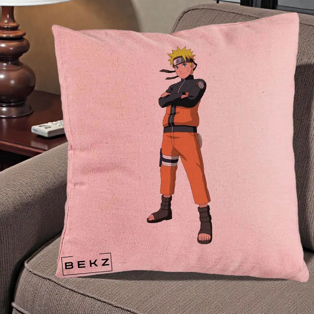 Perna Personalizata Naruto Uzumaki Portret Complet, 40x40 cm, Roz, Husa Detasabila, Perna Inclusa, BEKZ®