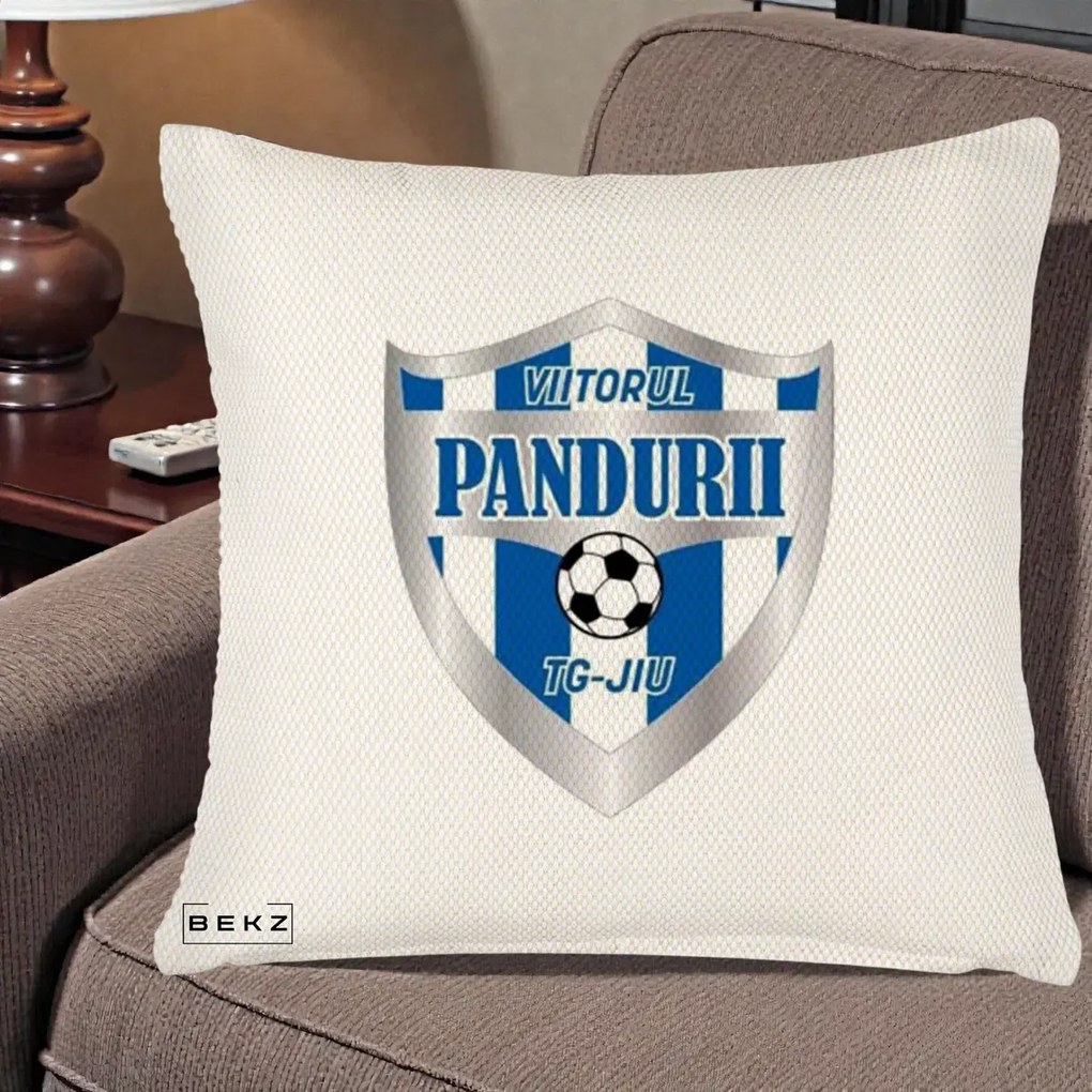 Perna Personalizata Pandurii Targu Jiu Fotbal, 40x40 cm, Crem Reliefat, Husa Detasabila, Perna Inclusa, BEKZ®