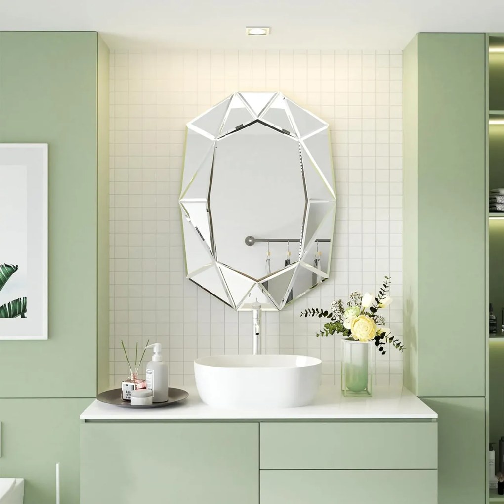 OGG34 - Oglinda ornamentala 3D Verde 72 x 100 cm, pentru perete, dormitor, living - Argintie