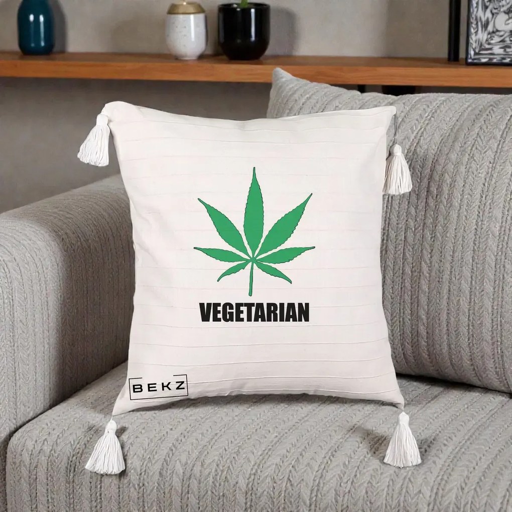Perna Decorativa Vegetarian cu Frunza, 40x40 cm, Bej cu Franjuri, Husa Detasabila, Perna Inclusa, BEKZ®