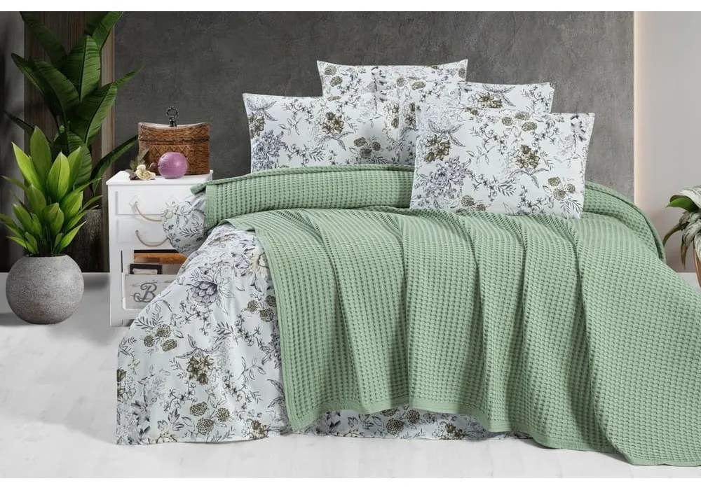 Cuvertură verde din bumbac 220x240 cm Waffle – Mila Home