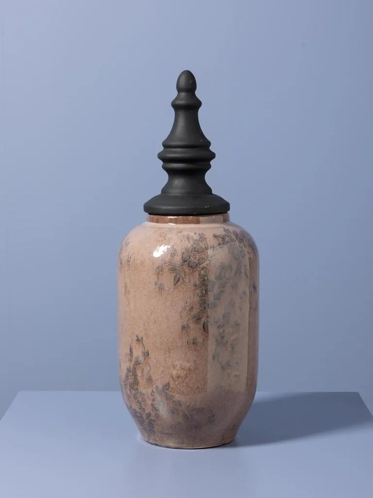 Borcan decorativ din ceramică artizanală roz cu capac negru sculptat, formă ovală, finisaj lucios, 46.5×18 cm, „Rosaire"