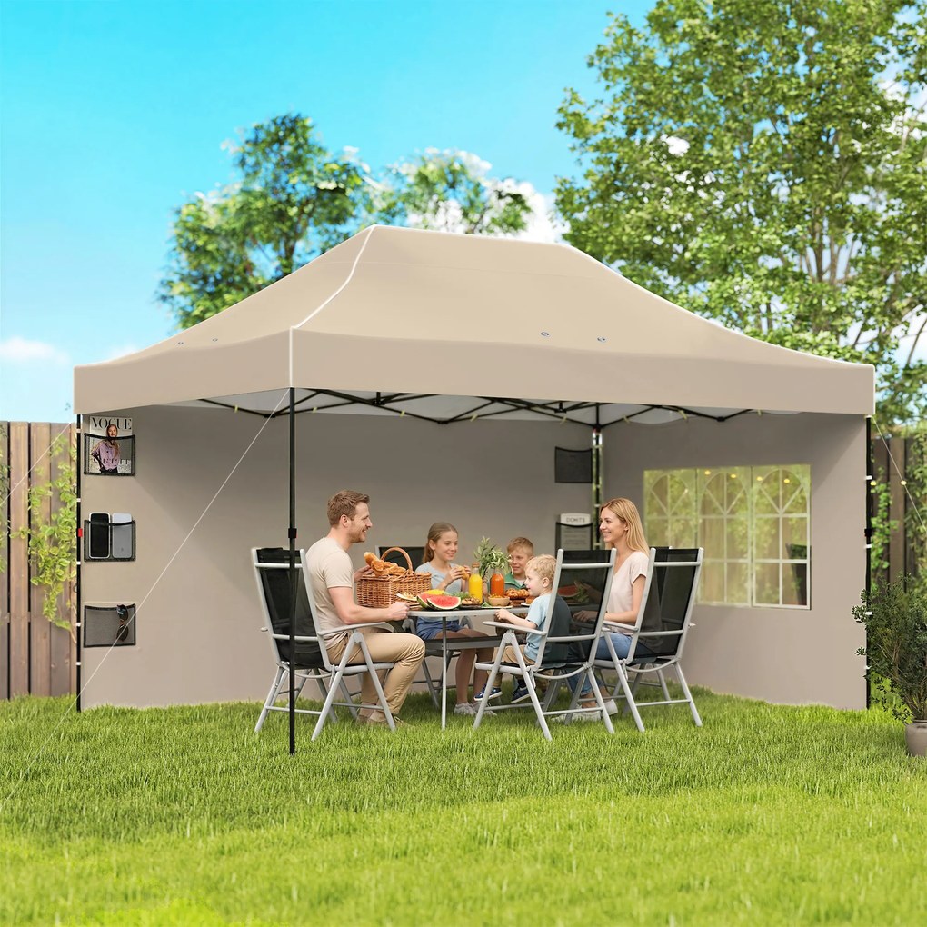 Outsunny Pavilion 3x4,3m, Acoperiș UPF50+, Pereți, Geantă cu Roți, Tenda Grădină, Maro Nisipiu | Aosom Romania