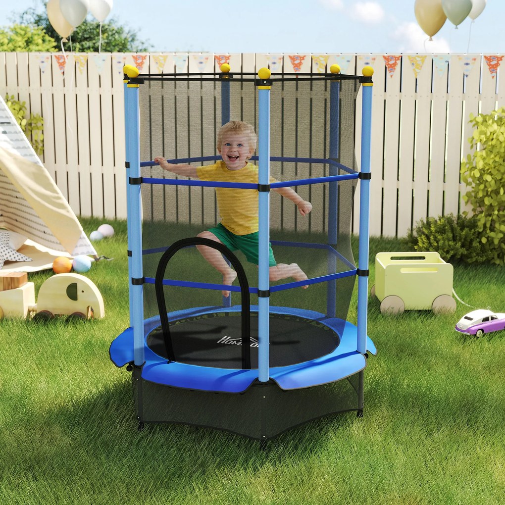 HOMCOM Trambolină Elastică pentru Copii cu Plasă de Siguranță și Țevi Căptușite, Vârstă 3-10 Ani, Ø140x190 cm, Albastru | Aosom Romania