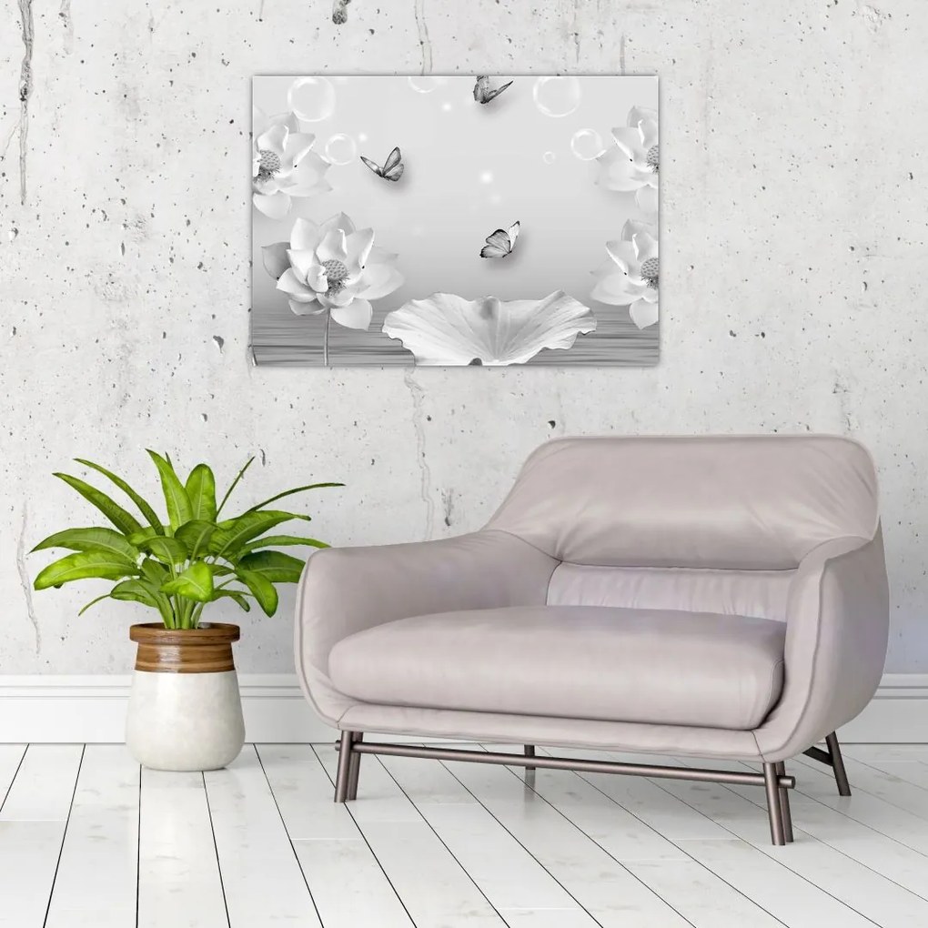 Tablou pe sticlă - Design flori și fluturi (70x50 cm)