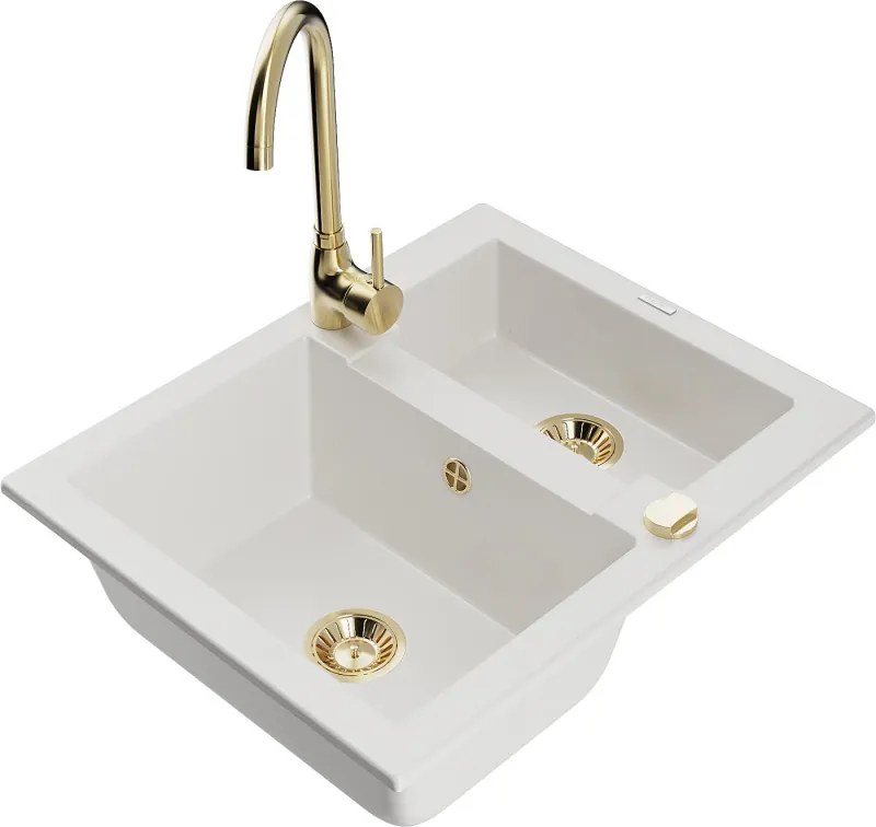 Mexen Carlos chiuvetă de granit cu 1,5 compartimente cu baterie de bucătărie Telma, albă - 6518-20-670200-50
