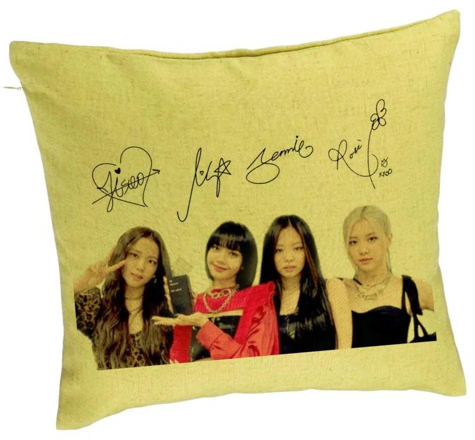 Perna Decorativa, Model Blackpink K-POP semnaturi, 40x40 cm, Verde, Husa Detasabila, Burduf