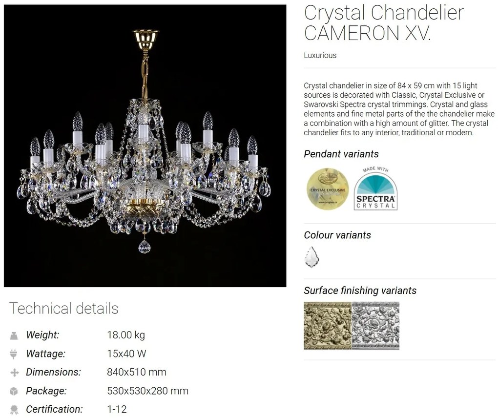 Candelabru 15 brate Cristal Bohemia Exclusive CAMERON XV.