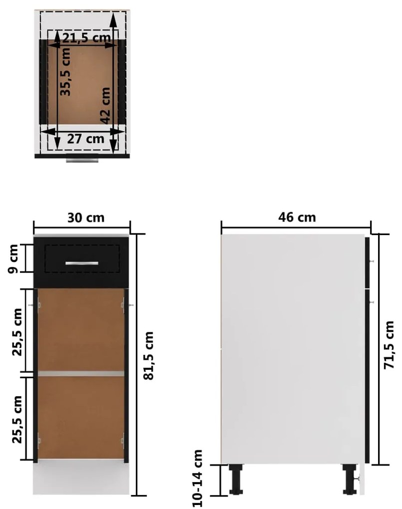Dulap inferior cu sertar, negru extralucios, 30x46x81,5 cm, PAL negru foarte lucios, Dulap inferior cu sertar 30 cm, 1