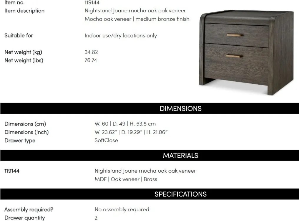 Noptiera design LUX, Furnir de stejar Mocha, Joane