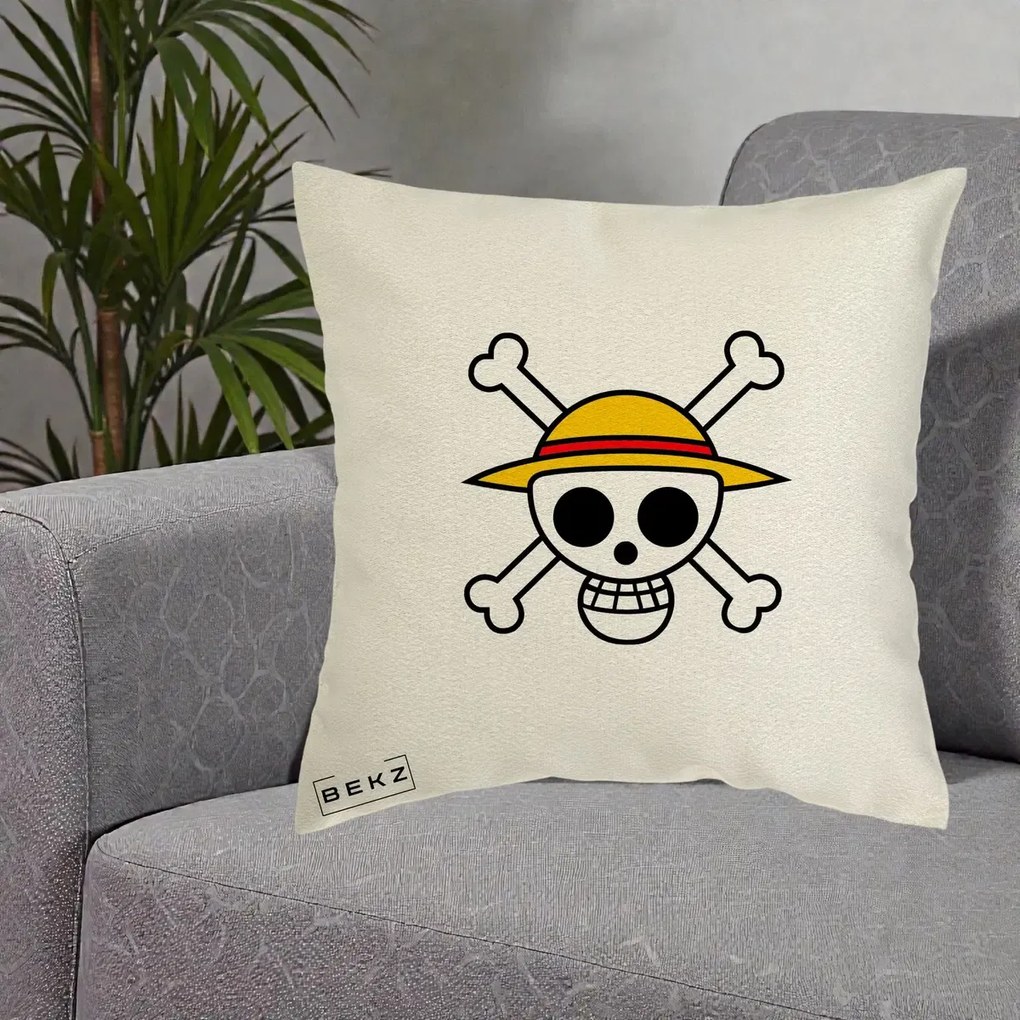 Perna Personalizata One Piece Jolly Roger Straw Hat Pirates, 40x40 cm, Ecru, Husa Detasabila, Perna Inclusa, BEKZ®