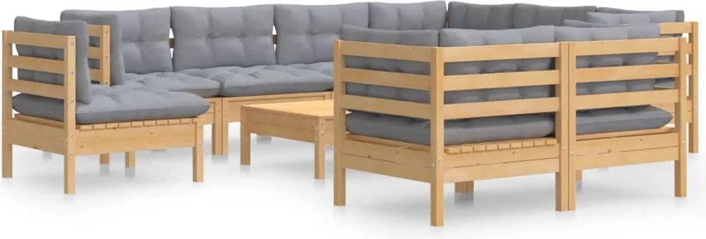 vidaXL Set mobilier grădină cu perne, 10 piese, gri, lemn masiv pin