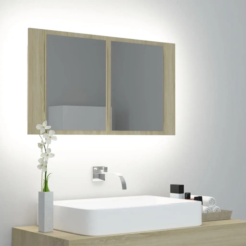 Dulap de baie cu oglindă și led, stejar sonoma, 80x12x45 cm