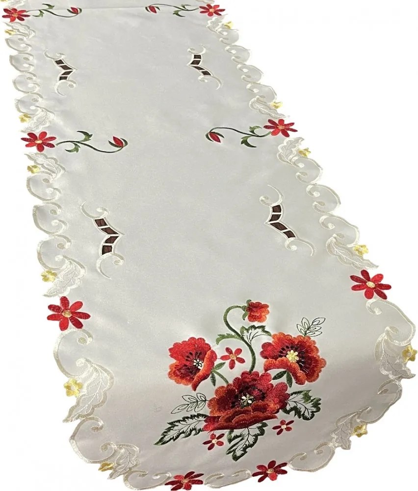 Traversa pentru masa centrală cu broderie frumoasă de maci în culoarea crem Lățime: 40 cm | Lungime: 160 cm