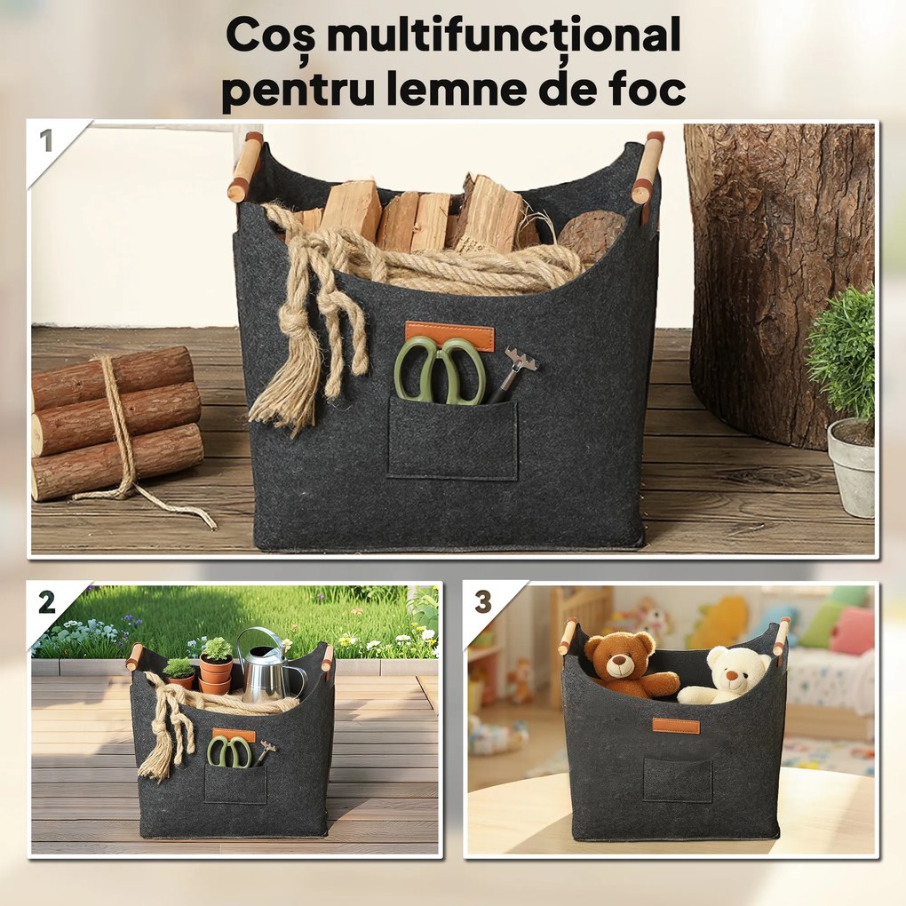 Outsunny Sac din Fetru pentru Lemne de Foc, Coș Portalemne de Interior cu Mânere din Lemn, Coș Multiuz pentru Pături, Reviste și Bucșe de Lemn, 45x32x40 cm, Gri Închis | Aosom Romania