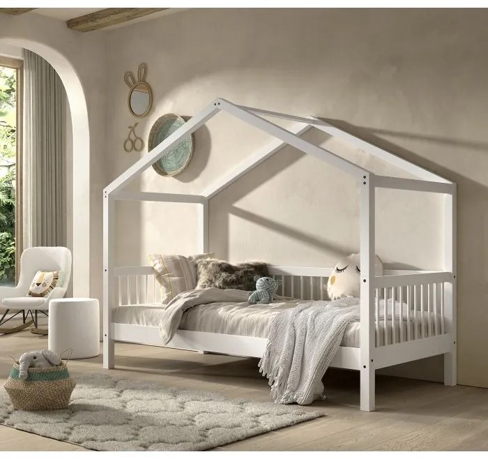 Pat Căsuță Forrest Beech pentru Camera Copii, 90x200 cm, din Lemn Masiv de Fag, Alb – Vipack