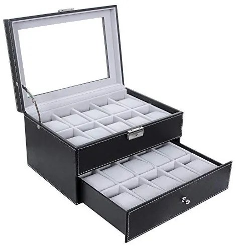 Cutie pentru Ceasuri cu 2 Nivele, MDF / Catifea, Negru, Vasagle, JWB020