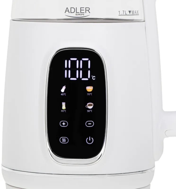 Cana electrica Adler AD 1305, 1850/2200 W, 1,7 l, Control tactil, Afisaj LCD color, 5 setari temperatură 40-100°C, Filtru antidecantare, Alb