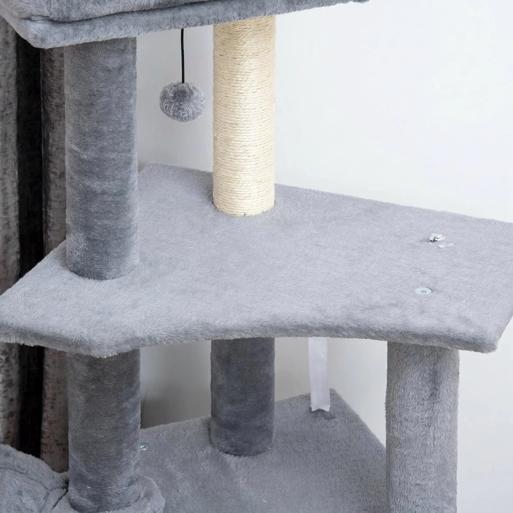 PawHut Ansamblu Zgâriat Pisici cu Stâlpi Sisal, Căsuță, Hamac, Platforme, 127 cm, PAL și Pluș, Gri | Aosom Romania
