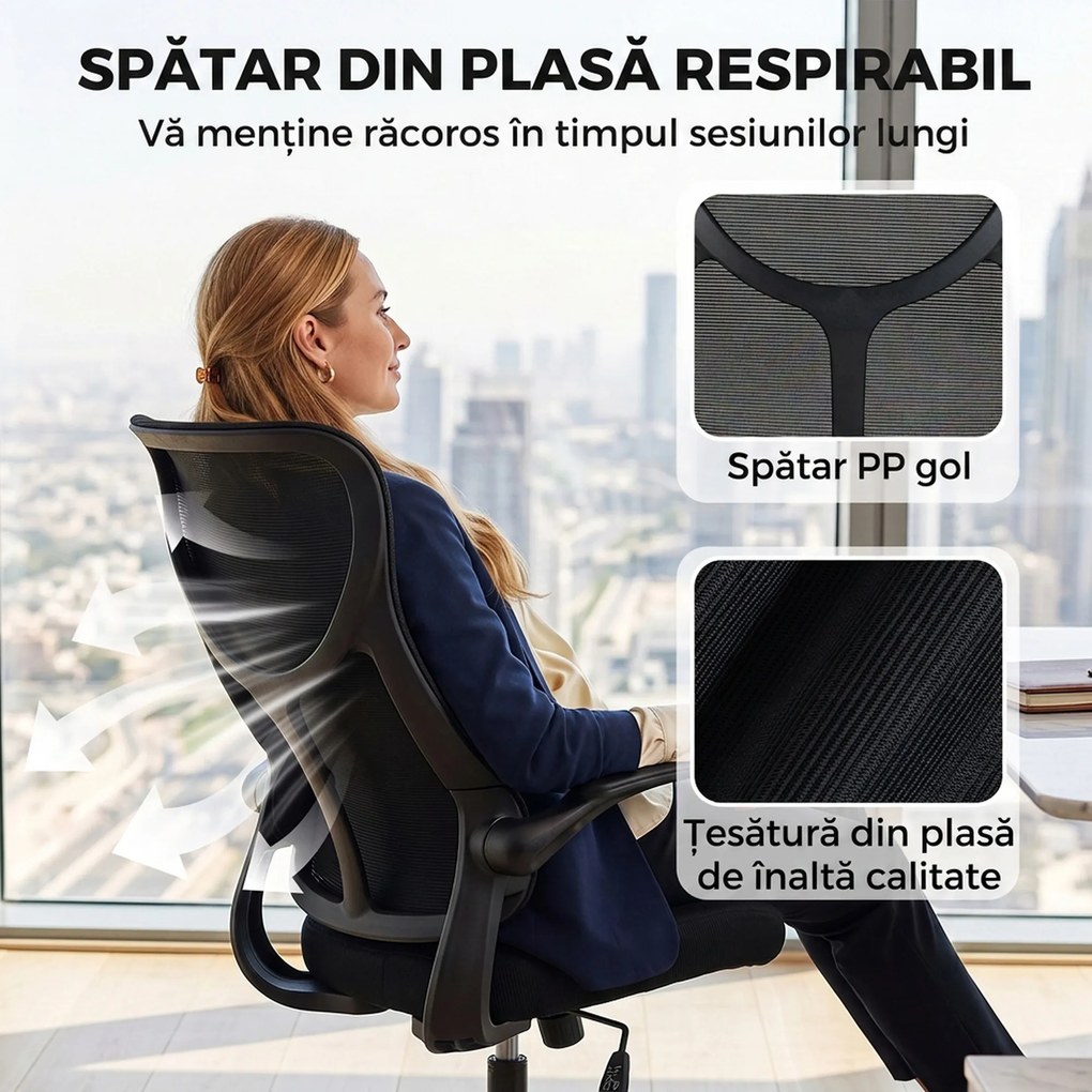 HOMCOM Scaun de birou ergonomic rotativ cu brațe rabatabile, funcție de balans, înălțime reglabilă, din plasă, negru | Aosom Romania