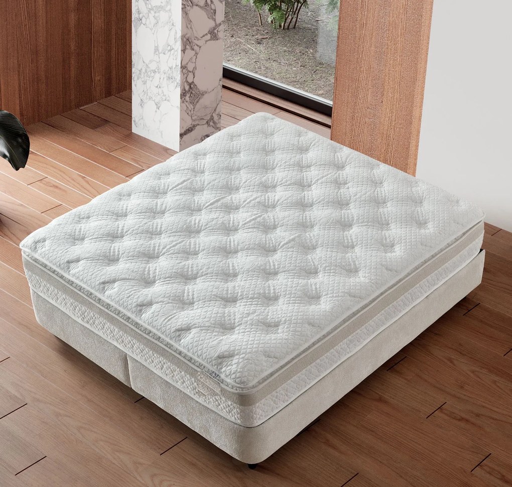 Boxspring ~MERIVO~ cu ladǎ de depozitare, structurǎ metalicǎ și saltea premium cu topper integrat Anthology ivory 180x200