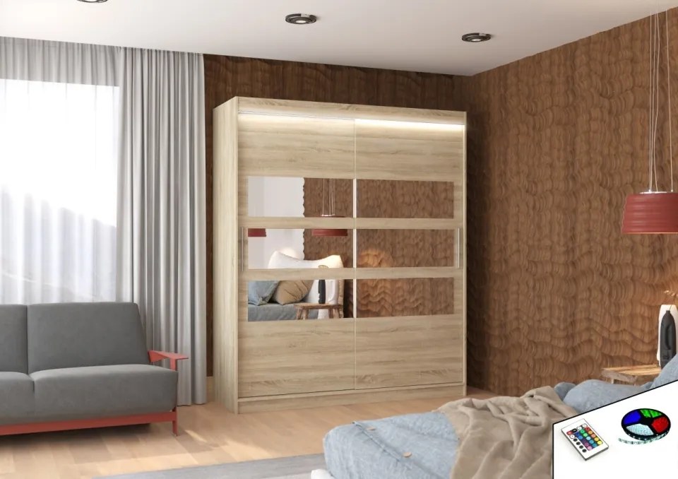 Dulap cu usi glisante si oglinda + iluminare LED, Toledo 180 + LED, 180 cmx200 cmx58 cm, ADRK Furniture (Culoare: Sonoma)