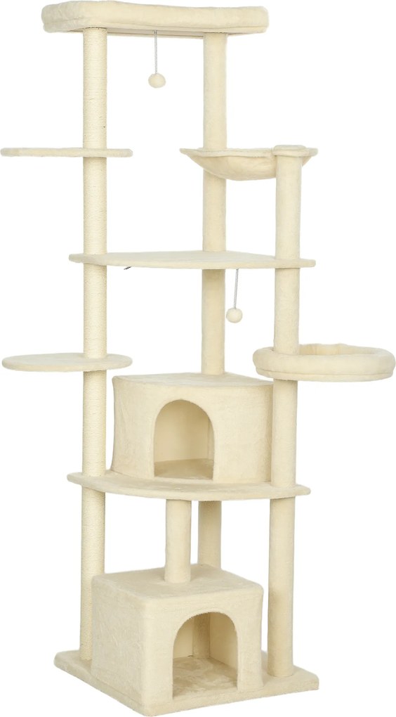 PawHut Ansablu de joacă pentru pisici, 2 căsuțe, 2 paturi și hamac, 200cm, bej | Aosom Romania