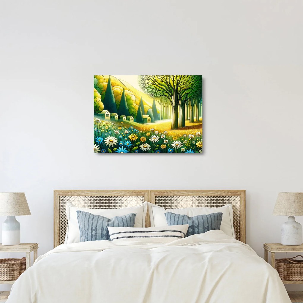 Tablou pe sticlă - Sat în galben-verde (70x50 cm)