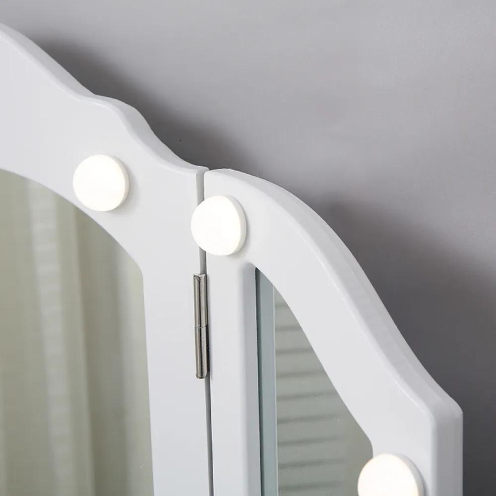 Set Aniela, Masă de toaletă cu 3 oglinzi iluminate LED, control touch, 4 sertare, scaun, Alb