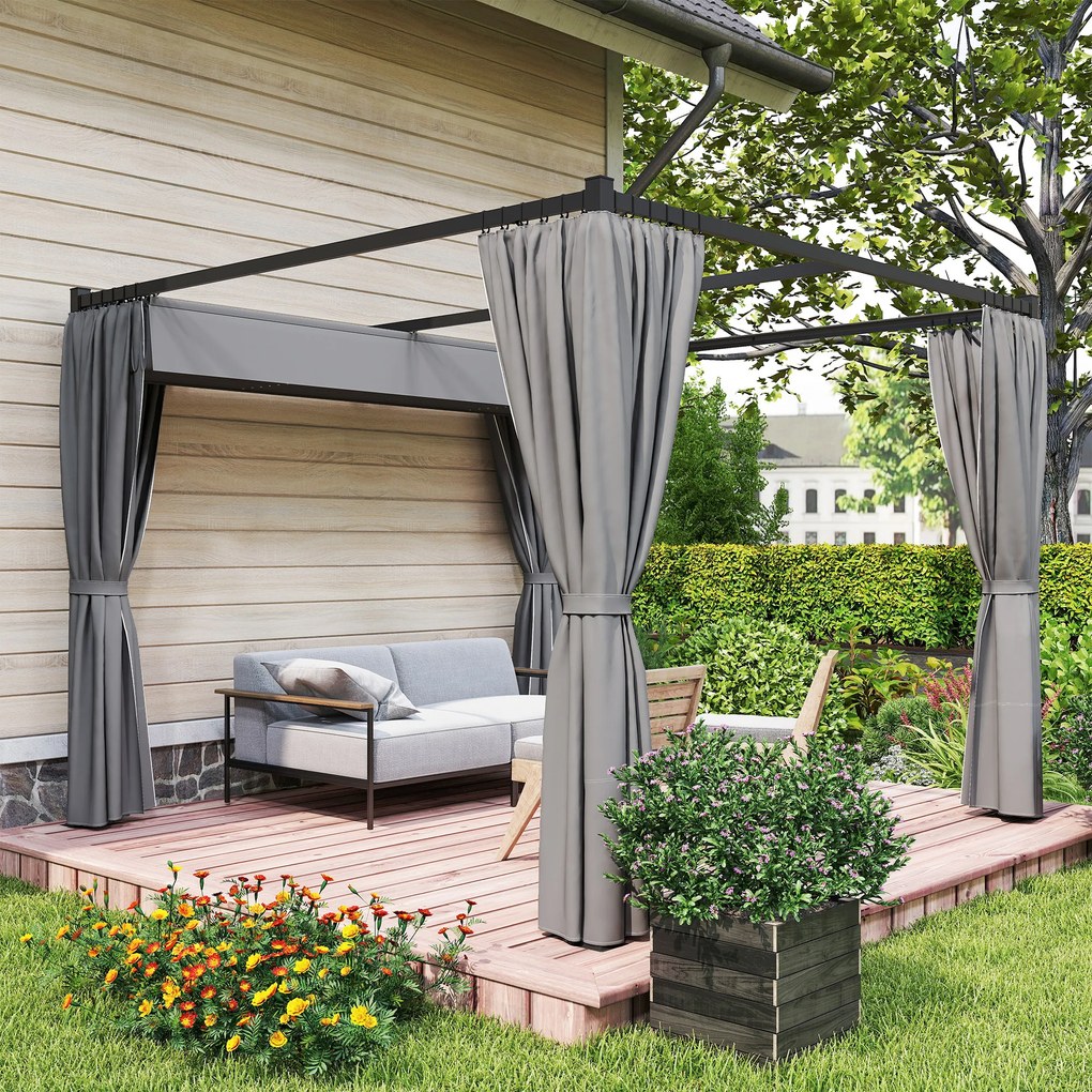 Outsunny Pergolă Retractabilă 3x3 m, Foișor de Grădină cu Perdele, pentru Grătar, Terasă, Deck, Bej | Aosom Romania