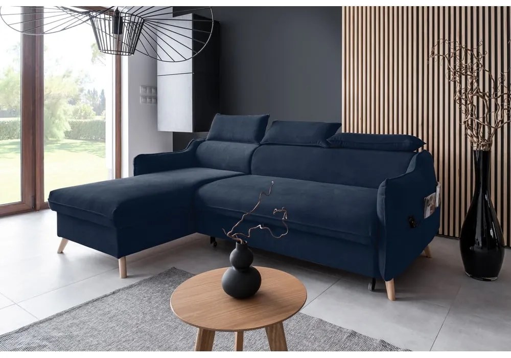 Colțar albastru închis extensibil cu tapițerie din catifea (cu colț pe partea stângă ) Sweet Harmony – Miuform