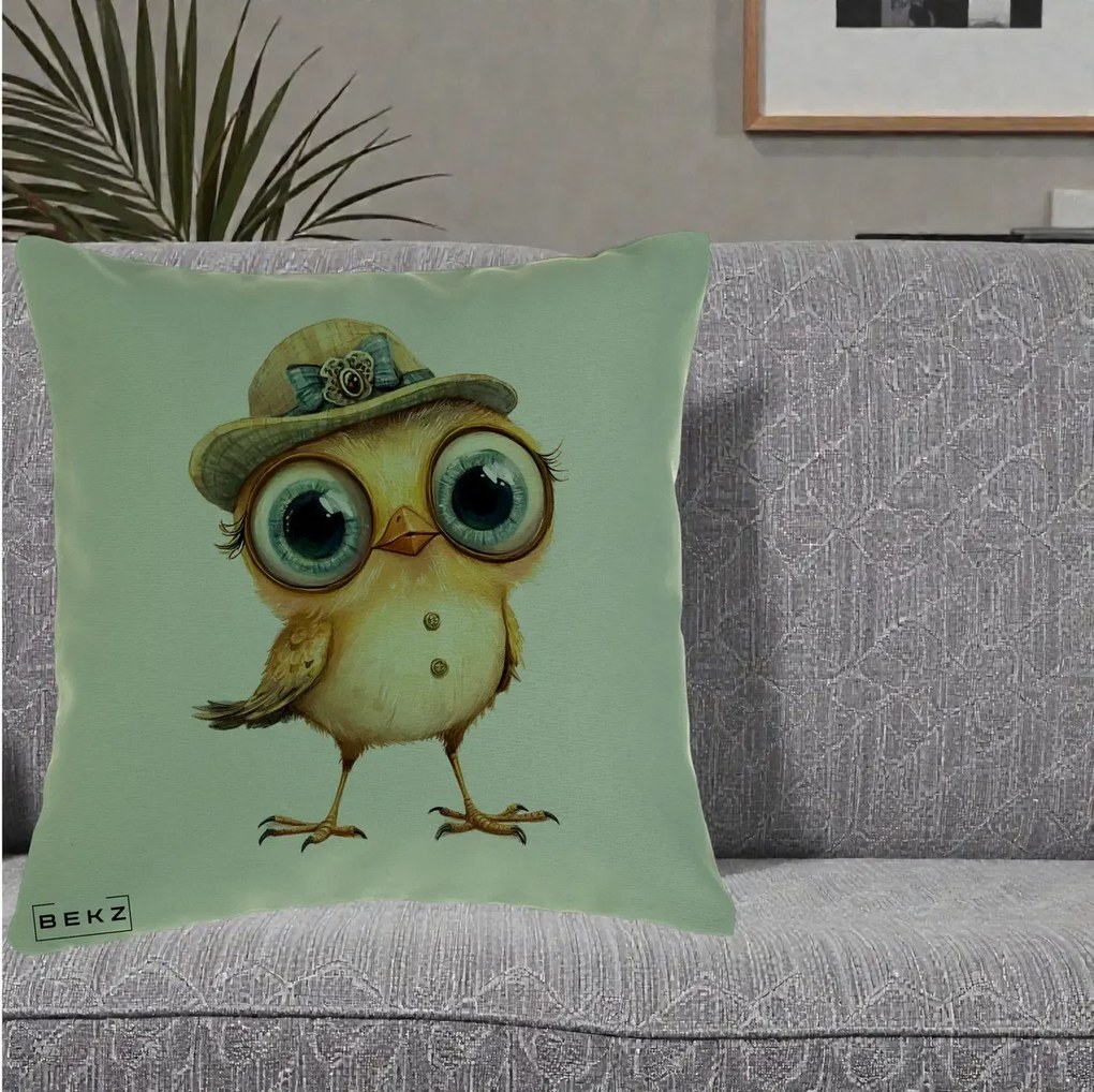 Perna Decorativa Pui Elegant cu Palarie Teal, 40x40 cm, Verde, Husa Detasabila, Perna Inclusa, BEKZ®
