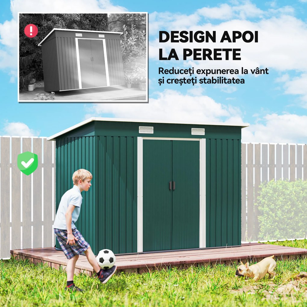 Outsunny Căsuță de Grădină 3,18m² din Oțel Zincat cu 2 Guri de Aerisire, Depozit pentru Unelte cu Uși Duble Culisante, Acoperiș Înclinat, 272x134x182 cm, Verde Întunecat | Aosom Romania