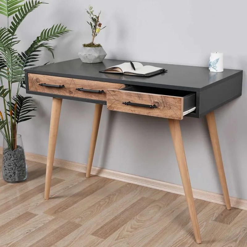 La mâna a doua: Birou Kalune Design 854KLN1502, 105x55 cm, 2 sertare, Finisaj melaminat, Maro / Negru