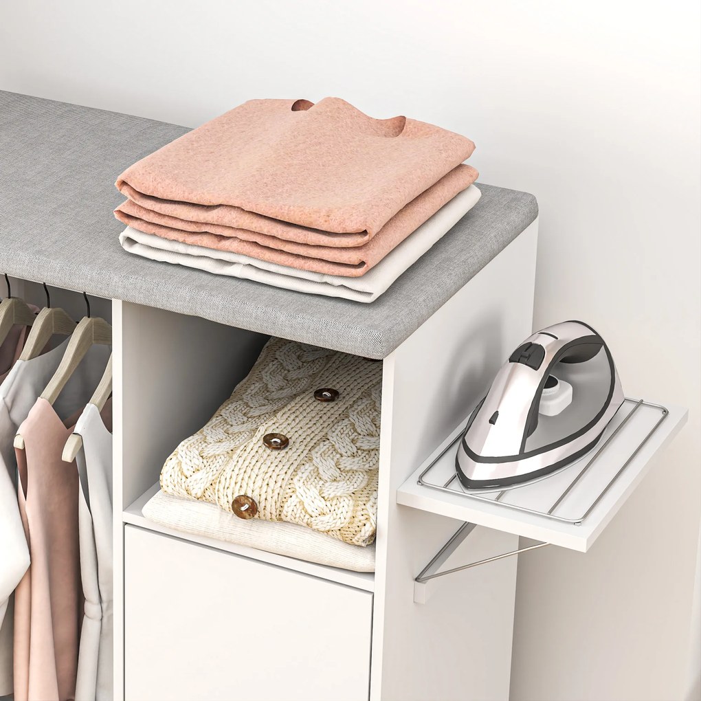 HOMCOM Dulap Multifuncțional cu Masă de Călcat | Blat din Tesatura Efect In | 3 Rafturi | Ghidaj pentru Agățat | 127x42.5x99 cm | Alb | Aosom Romania