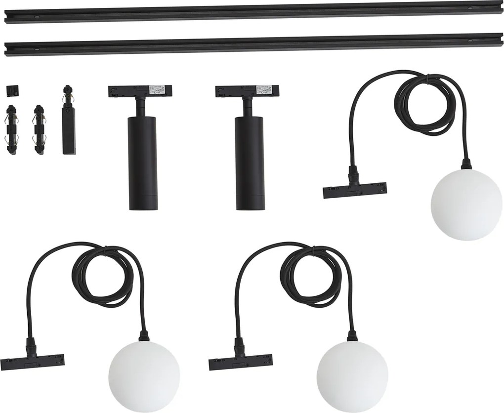 Sistem de iluminat pe șină modern negru cu 2 spoturi și 3 lumini suspendate monofazate - Slimline Uzzy Eira