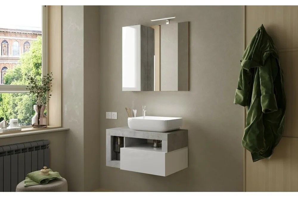 Set dulap baza suspendat si lavoar LC Mobili Italia Hamburg 79 cm finisaj alb/gri beton