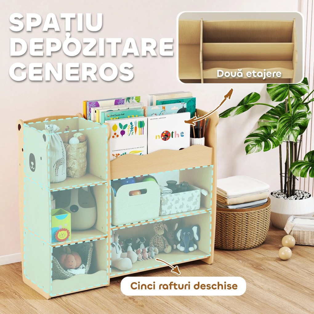 AIYAPLAY Raft pentru Jucării pentru Copii 3-8 Ani cu 7 Rafturi Deschise, Mobilier pentru Copii din MDF, 92x29x79 cm, Culoare Lemn | Aosom Romania