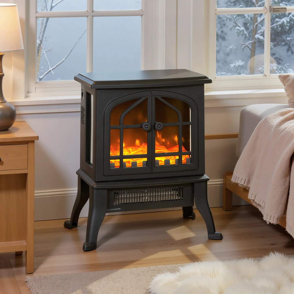 HOMCOM Șemineu Electric de Podea  900/1800W Efect Flăcări 3D Termostat Reglabil Ferestre Vizibile pentru 15-30 ㎡ Negru | Aosom Romania